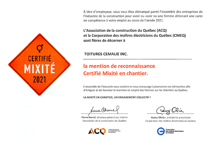 L'ACQ et la CMEQ sont fières de décerner la mention de reconnaissance Certifié Mixité en chantier à Toitures Cémalie.